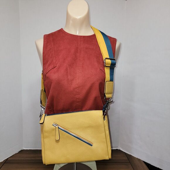 Sondra Roberts Squared Mustard Yellow Crossbody Purse w/ 3 Pockets, Wide Strap - Picture 1 of 6